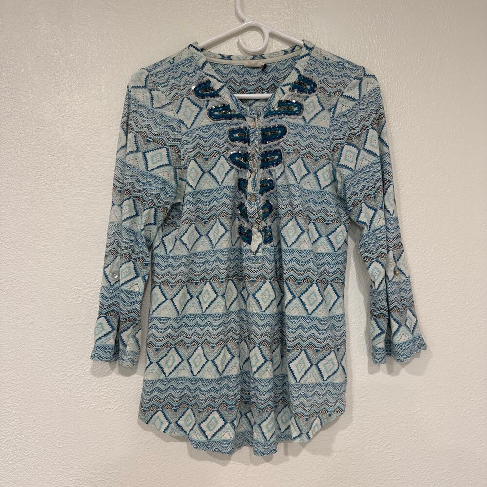 Anthropologie Akemi + Kin Ocotillo Henley Blouse Blue Geometric Boho Western XL